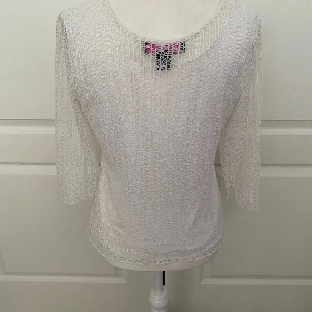 Peck & Peck Elegant White Crochet Lace Top w/ Camisole | 3/4 Sleeve | Size M
